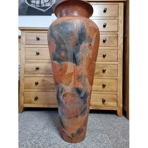 106 - Very large Asian unusual vintage/antique terracotta floor standing vase with a hand etched design of... 