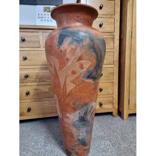 106 - Very large Asian unusual vintage/antique terracotta floor standing vase with a hand etched design of... 