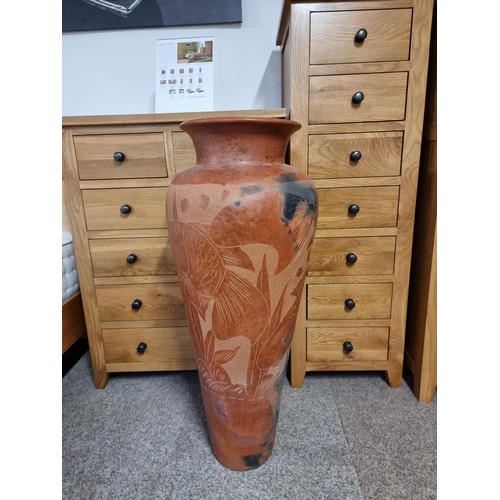 106 - Very large Asian unusual vintage/antique terracotta floor standing vase with a hand etched design of... 