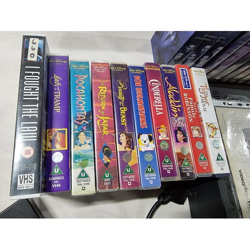 401 - Sanyo VHS video player along with a box full of good vhs video tapes inc 9 classic disney movies 4 b... 