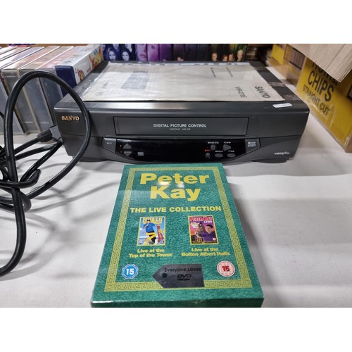 401 - Sanyo VHS video player along with a box full of good vhs video tapes inc 9 classic disney movies 4 b... 