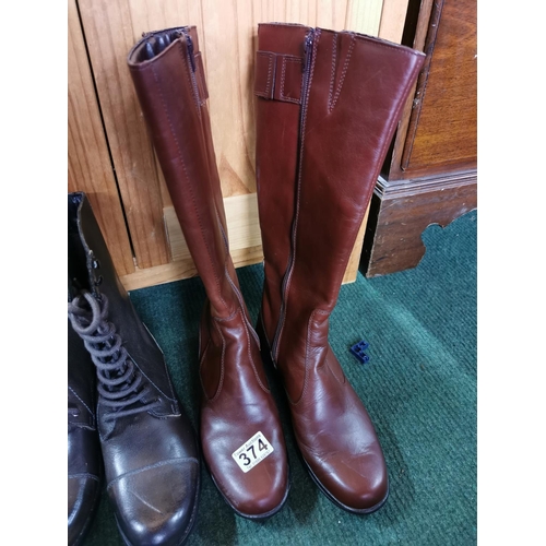 374 - 2 x pairs of ladies boots inc a set of brown leather boots by wrangler size 8 and a set of leather b... 