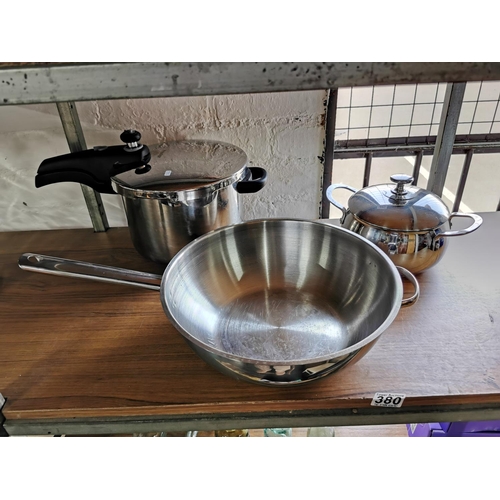 380 - Prestige Smartplus pressure cooker along with PREMALINE lidded saucepan and large stainless deep fry... 