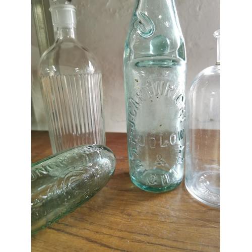 386 - Collection of various good vintage collectable glass bottles with advertising inc Longmynd Waters, H... 