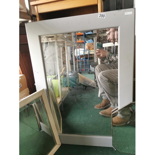 390 - Quantity of 3 mirrors inc a large framed mirror and a frameless mirror largest is 93cm by 57cm