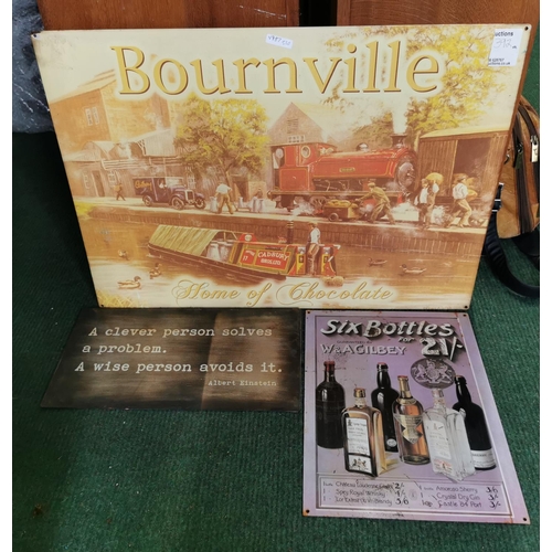 392a - Three tin plate metal signs inc one for Bournville chocolate, largest sign has a height of 50.5cm wi... 