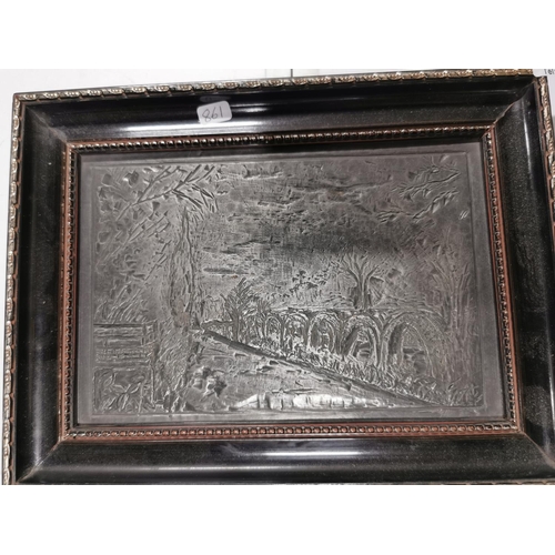 143 - Very unusual Framed antique etched lead artwork possibly of a lead mine scene from The Arts and Craf... 