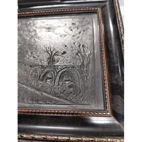 143 - Very unusual Framed antique etched lead artwork possibly of a lead mine scene from The Arts and Craf... 