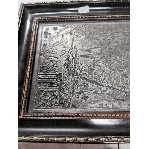 143 - Very unusual Framed antique etched lead artwork possibly of a lead mine scene from The Arts and Craf... 