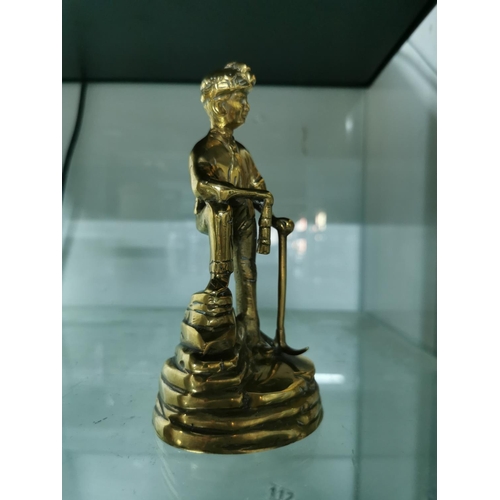 168 - Bronze Miner holding miners lamp and pick figure. Measures 17.5cm height