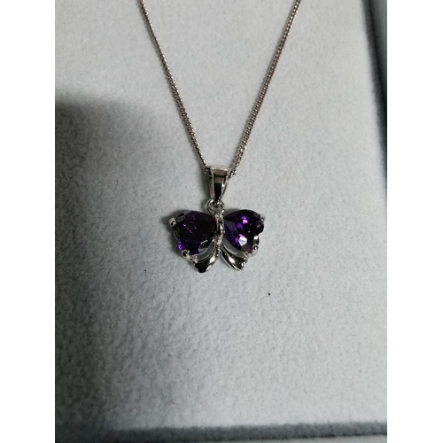 261 - Pretty 925 silver butterfly pendant with amethyst stones set on a long 20in 925 silver chain by Crys... 