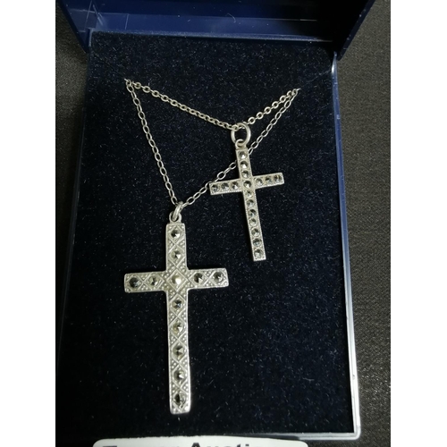 263 - 2 x 925 silver crucifix pendants inset with marcasite stones both on 18in 925 silver chains