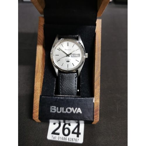 264 - Vinatge gents swiss quartz watch by Bulova with day date in good clean condition with a good calf gr... 