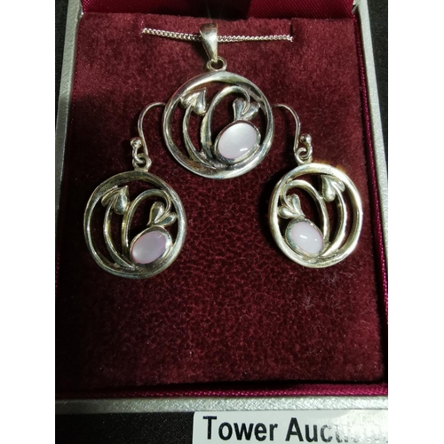 270 - Boxed 925 sterling silver Mackintosh pendant and earring set with c gems with a classic Charles Rene... 