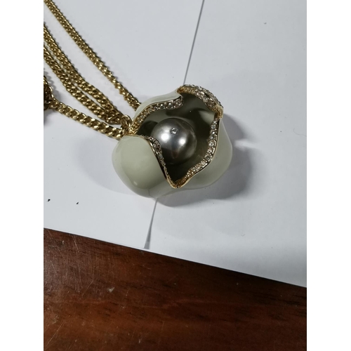 43 - Swarovski crystal grey pearl & enamel flower necklace - gold tone with swan charm in excellent condi... 