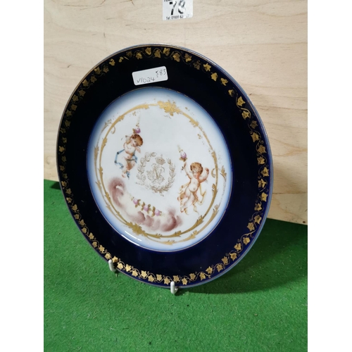 78 - 1844 Antique Sevres Chateau Des Tuileries Porcelain Cherubs Plate, blue cobalt and gilt colourway st... 