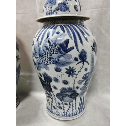 81 - 2 x impressive very large antique reproduction chinese blue and white Foo dog lidded temple jars bot... 