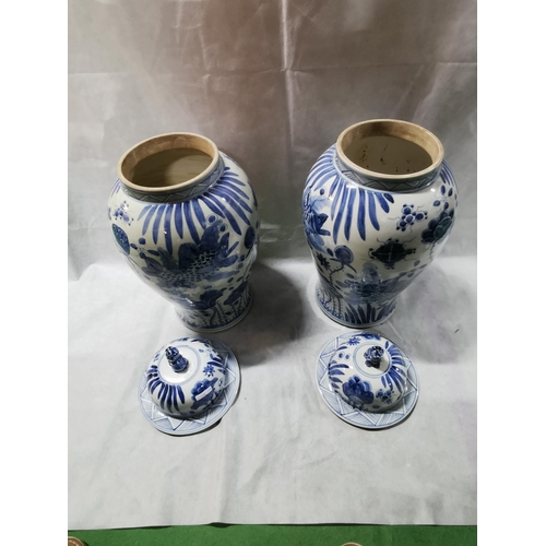 81 - 2 x impressive very large antique reproduction chinese blue and white Foo dog lidded temple jars bot... 