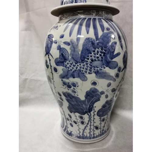 81 - 2 x impressive very large antique reproduction chinese blue and white Foo dog lidded temple jars bot... 