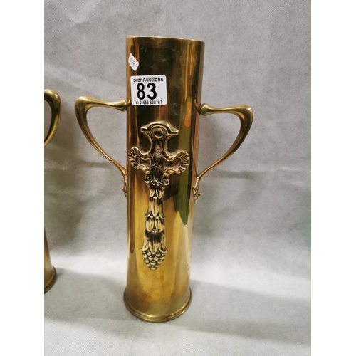 83 - Pair of superb quality brass trench art shells made into vases measures 31.5cm