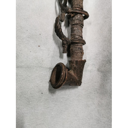 91 - Unusual vintage antique african 'Senufo' ceramonial bronze pipe with antelope head decoration down t... 