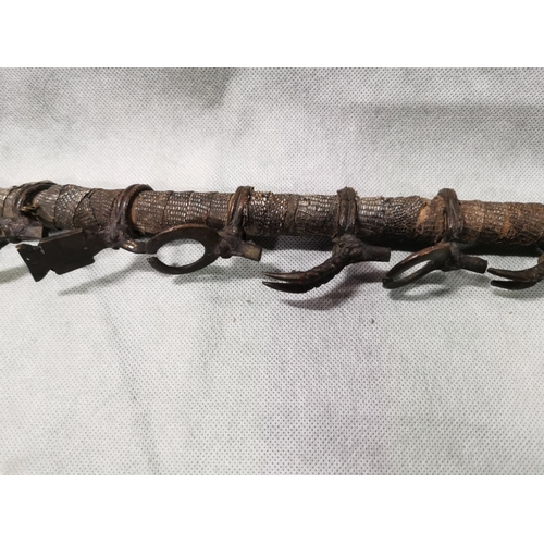 91 - Unusual vintage antique african 'Senufo' ceramonial bronze pipe with antelope head decoration down t... 