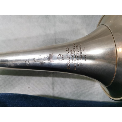 94 - RARE Antique Post Horn Inscribed Kohler & Son (London) dated 1851 complete with wicker case, measure... 