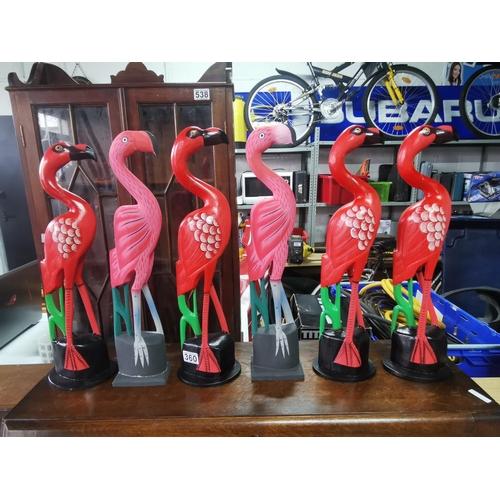 360 - Quantity of 6 ornamental carved wood flamingo figures, stand 52cm tall, 15cm wide