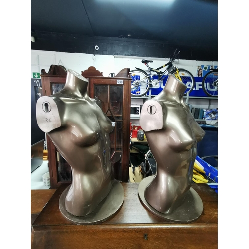 361 - 2 x shop display mannequins in a bronze colour on rotating bases height of 64cm width 33cm