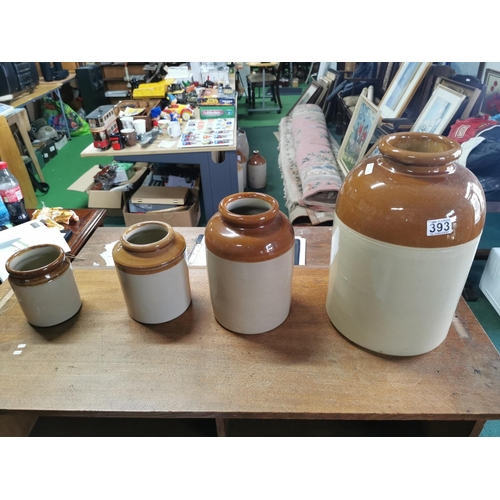 393 - Quantity of 4 stoneware storage jars. none have cork stoppers, all in good condition largest jar is ... 