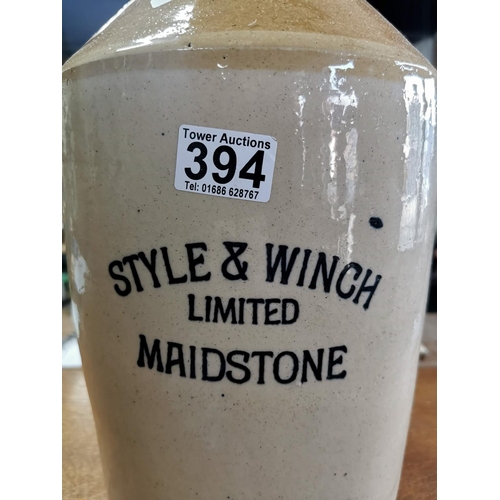 394 - Large stoneware flaggon with a wooden tap to the base, Style and Winch ltd Maidstone, height 43cm di... 