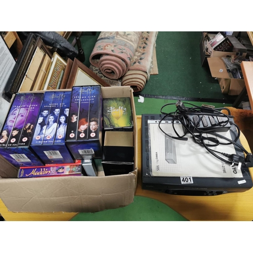 401 - Sanyo VHS video player along with a box full of good vhs video tapes inc 9 classic disney movies 4 b... 