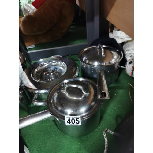 405 - Large quantity of stainless steel pots and pans inc one lidded pot by AGA along with two brand new L... 