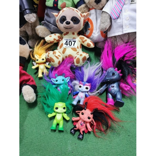 407 - Quantity of Meerkat soft toys inc Trolls figures