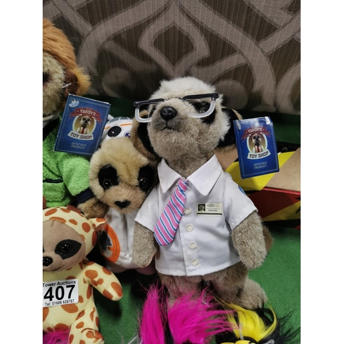 407 - Quantity of Meerkat soft toys inc Trolls figures