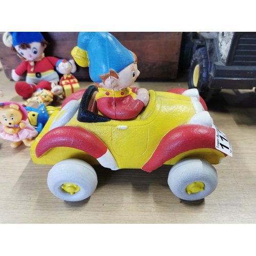 113 - Collection of Noddy toys inc a rubber (sponge) Noddy in his car. Measures 20cm height x 26cm width 1... 