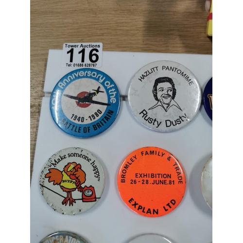 116 - Suite of various vintage badges inc Battle of Britain, Mr Wimpy, The Tufty Club, Beefeater etc