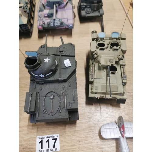 117 - Quantity of fully assembled model kits inc tanks and planes, also includes army figures