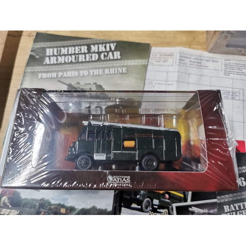 121 - 4X brand new and sealed military Diecast vehicles by Atlas Editions, complete with paperwork and DVD