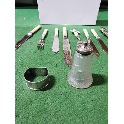 156 - Quantity of silver plated and silver ware inc 2 hallmarked silver salt sellers a hm silver napkin ri... 