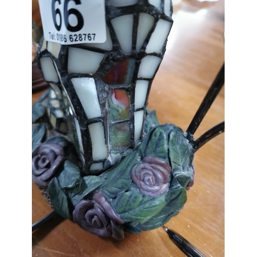 66 - Pretty tiffany style cat formed table lamp looking up at a butterfly, butterfly has an old fix in wo... 