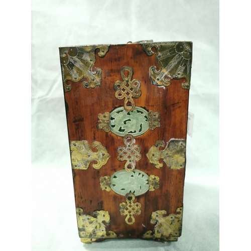 76 - Good vintage Chinese lacquered wood jewellery box cabinet with carved jade panels to the front and s... 