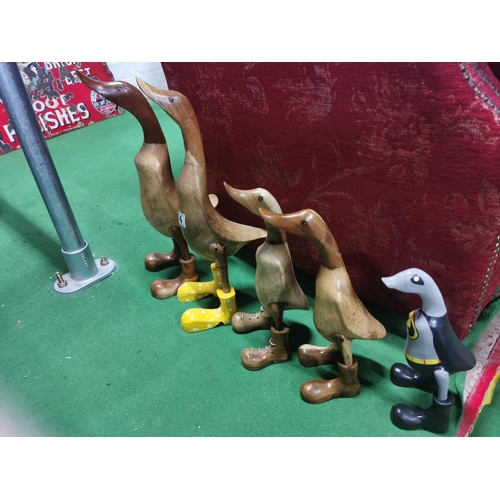 14 - 5x wooden bamboo ducks in boots inc batman painted duck. Height of largest duck 44cm