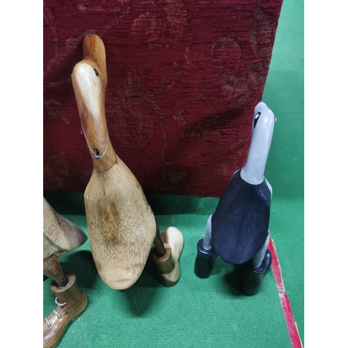 14 - 5x wooden bamboo ducks in boots inc batman painted duck. Height of largest duck 44cm