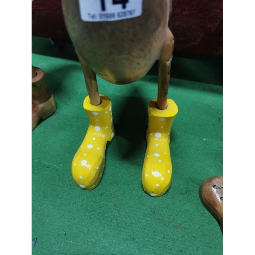 14 - 5x wooden bamboo ducks in boots inc batman painted duck. Height of largest duck 44cm