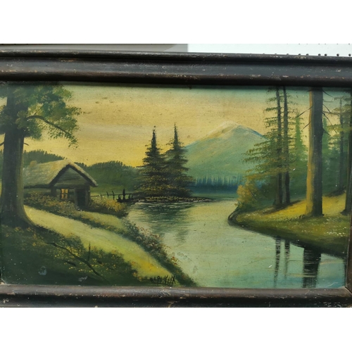 18 - Antique framed original oil on board of a log cabin scene with a mountain in the distance, bought in... 