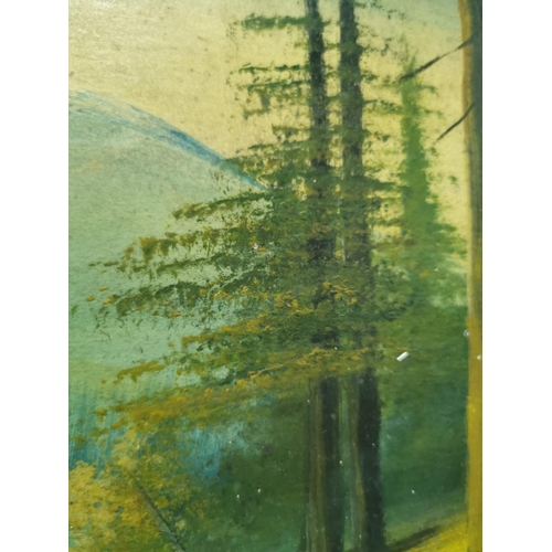 18 - Antique framed original oil on board of a log cabin scene with a mountain in the distance, bought in... 