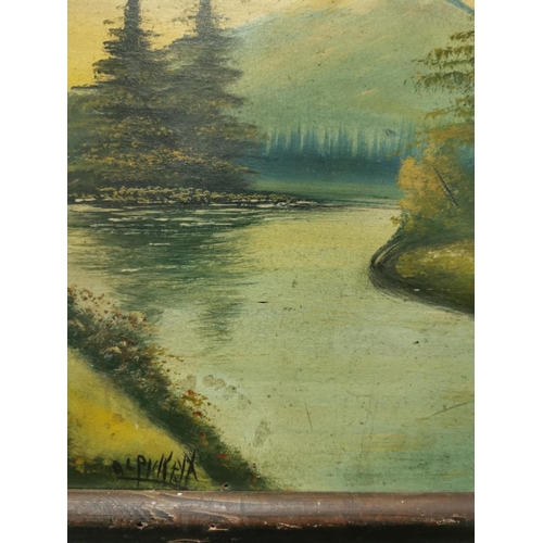 18 - Antique framed original oil on board of a log cabin scene with a mountain in the distance, bought in... 