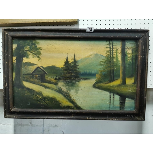 18 - Antique framed original oil on board of a log cabin scene with a mountain in the distance, bought in... 