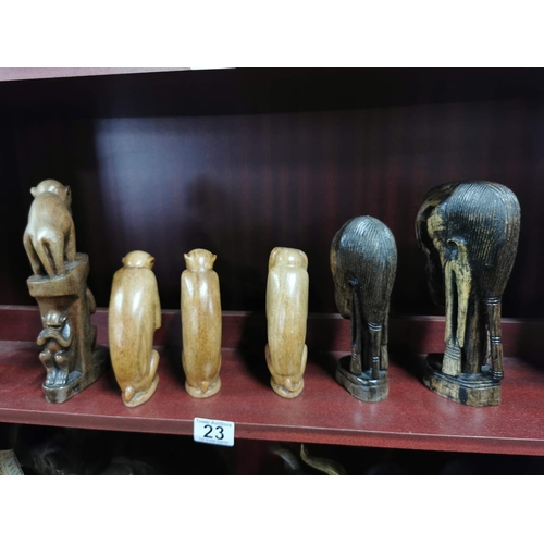 23 - A quantity of good african carved figures inc a set of see no evil hear no evil. Tallest figure is 2... 